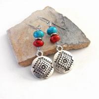 Southwest Silver Tone Concho Earrings with Blue Turquoise and Red Coral - Artisan Handmade Sundance / Boho Southwestern Style Jewelry