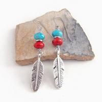 Silver Pewter Feather Earrings with Turquoise and Red Coral - Artisan Handmade Boho Tribal Southwestern Style Jewelry