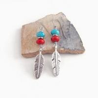 Silver Pewter Feather Earrings with Turquoise and Red Coral - Artisan Handmade Boho Tribal Southwestern Style Jewelry