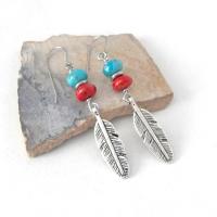 Silver Pewter Feather Earrings with Turquoise and Red Coral - Artisan Handmade Boho Tribal Southwestern Style Jewelry