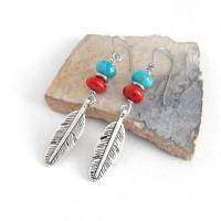 Silver Pewter Feather Earrings with Turquoise and Red Coral - Artisan Handmade Boho Tribal Southwestern Style Jewelry