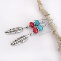 Silver Pewter Feather Earrings with Turquoise and Red Coral - Artisan Handmade Boho Tribal Southwestern Style Jewelry