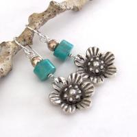 Flower Silver Tone Pewter Earrings with Turquoise Stones - Nature Lover Jewelry Gifts for Women