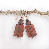 Small and petite, but full of earthy charm - these one-of-a-kind earrings feature natural red creek jasper stones topped off with smaller red creek jasper beads. The stones have a natural pattern in earthy hues of mossy greens, brick red and orange. Great colors for your fall wardrobe - or any time of year! They'll make a great gift for anyone that loves natural stones.