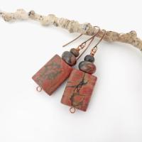 Small and petite, but full of earthy charm - these one-of-a-kind earrings feature natural red creek jasper stones topped off with smaller red creek jasper beads. The stones have a natural pattern in earthy hues of mossy greens, brick red and orange. Great colors for your fall wardrobe - or any time of year! They'll make a great gift for anyone that loves natural stones.