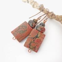 Small and petite, but full of earthy charm - these one-of-a-kind earrings feature natural red creek jasper stones topped off with smaller red creek jasper beads. The stones have a natural pattern in earthy hues of mossy greens, brick red and orange. Great colors for your fall wardrobe - or any time of year! They'll make a great gift for anyone that loves natural stones.