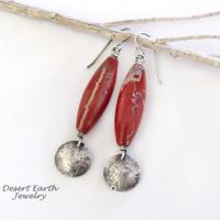 Red Jasper Stone Earrings with Small Sterling Silver Hammered Dangles - Handmade Earthy Natural Stone Jewelry 