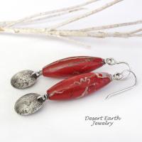 Red Jasper Stone Earrings with Small Sterling Silver Hammered Dangles - Handmade Earthy Natural Stone Jewelry 