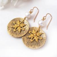 Gold Brass Snowflake Dangle Earrings with White Freshwater Pearls - Christmas Holiday Winter Jewelry