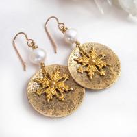 Gold Brass Snowflake Dangle Earrings with White Freshwater Pearls - Christmas Holiday Winter Jewelry