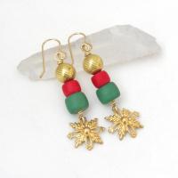 Gold Brass Snowflake Earrings with Red & Green Beads - Christmas Holiday Jewelry Gifts for Women