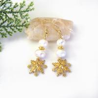 White Pearl and Gold Brass Snowflake Earrings - Christmas Jewelry Gifts for Women