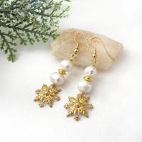 White Pearl and Gold Brass Snowflake Earrings - Christmas Jewelry Gifts for Women