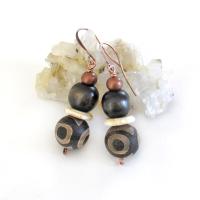 Tibetan Eye Agate Stone Earrings with Copper and Brown Wood Beads - Bohemian Ethnic African Style Jewelry