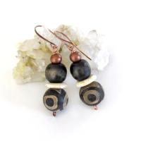 Tibetan Eye Agate Stone Earrings with Copper and Brown Wood Beads - Bohemian Ethnic African Style Jewelry