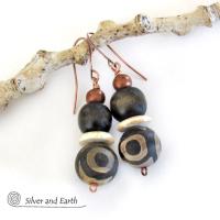 Tibetan Eye Agate Stone Earrings with Copper and Brown Wood Beads - Bohemian Ethnic African Style Jewelry
