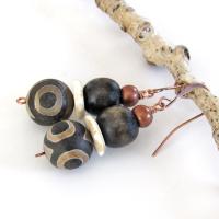 Tibetan Eye Agate Stone Earrings with Copper and Brown Wood Beads - Bohemian Ethnic African Style Jewelry