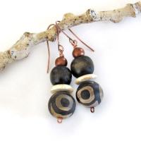 Tibetan Eye Agate Stone Earrings with Copper and Brown Wood Beads - Bohemian Ethnic African Style Jewelry