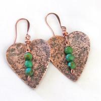 Rustic Copper Heart Earrings with Dangling Turquoise Stones