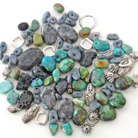 Mixed Bead Lot for Jewelry Making - Turquoise, Larvikite Norwegian Moonstone, Black Lava, Silver Tone Metal Beads - Destash Jewelry Supply