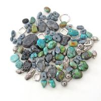 Mixed Bead Lot for Jewelry Making - Turquoise, Larvikite Norwegian Moonstone, Black Lava, Silver Tone Metal Beads - Destash Jewelry Supply