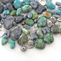 Mixed Bead Lot for Jewelry Making - Turquoise, Larvikite Norwegian Moonstone, Black Lava, Silver Tone Metal Beads - Destash Jewelry Supply