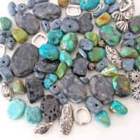 Mixed Bead Lot for Jewelry Making - Turquoise, Larvikite Norwegian Moonstone, Black Lava, Silver Tone Metal Beads - Destash Jewelry Supply