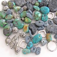 Mixed Bead Lot for Jewelry Making - Turquoise, Larvikite Norwegian Moonstone, Black Lava, Silver Tone Metal Beads - Destash Jewelry Supply