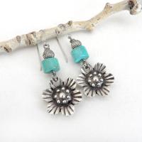 Flower Silver Tone Pewter Earrings with Turquoise Stones -  Nature Lover Jewelry Gifts for Women