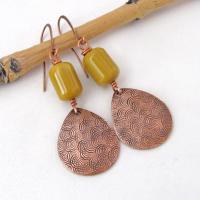 Yellow Jasper Stone Earrings with Hand Stamped Copper Dangles - Artisan Handmade Earthy Natural Stone Jewelry