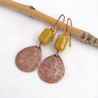 Yellow Jasper Stone Earrings with Hand Stamped Copper Dangles - Artisan Handmade Earthy Natural Stone Jewelry