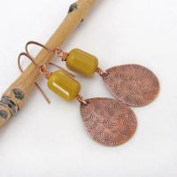 Yellow Jasper Stone Earrings with Hand Stamped Copper Dangles - Artisan Handmade Earthy Natural Stone Jewelry
