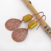 Yellow Jasper Stone Earrings with Hand Stamped Copper Dangles - Artisan Handmade Earthy Natural Stone Jewelry