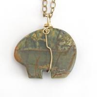Zuni Bear Jasper Stone Pendant on Brass Chain Necklace - Southwest Style Jewelry for Men & Women