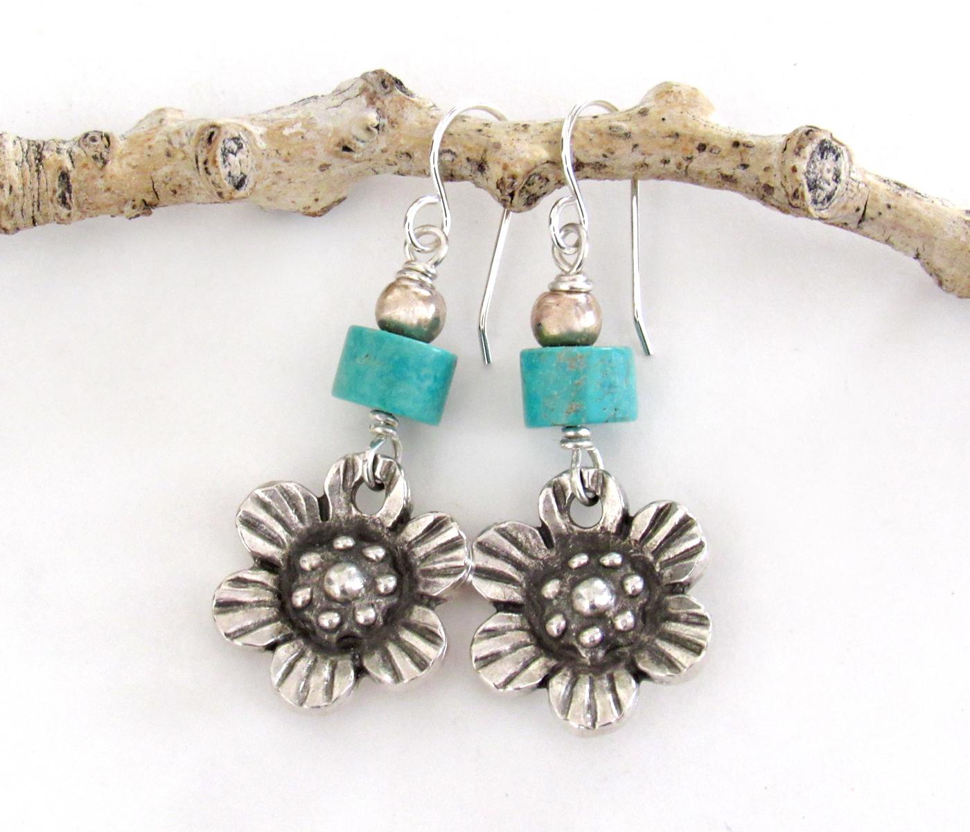 Flower Silver Tone Pewter Earrings with Turquoise Stones - Nature Lover Jewelry Gifts for Women