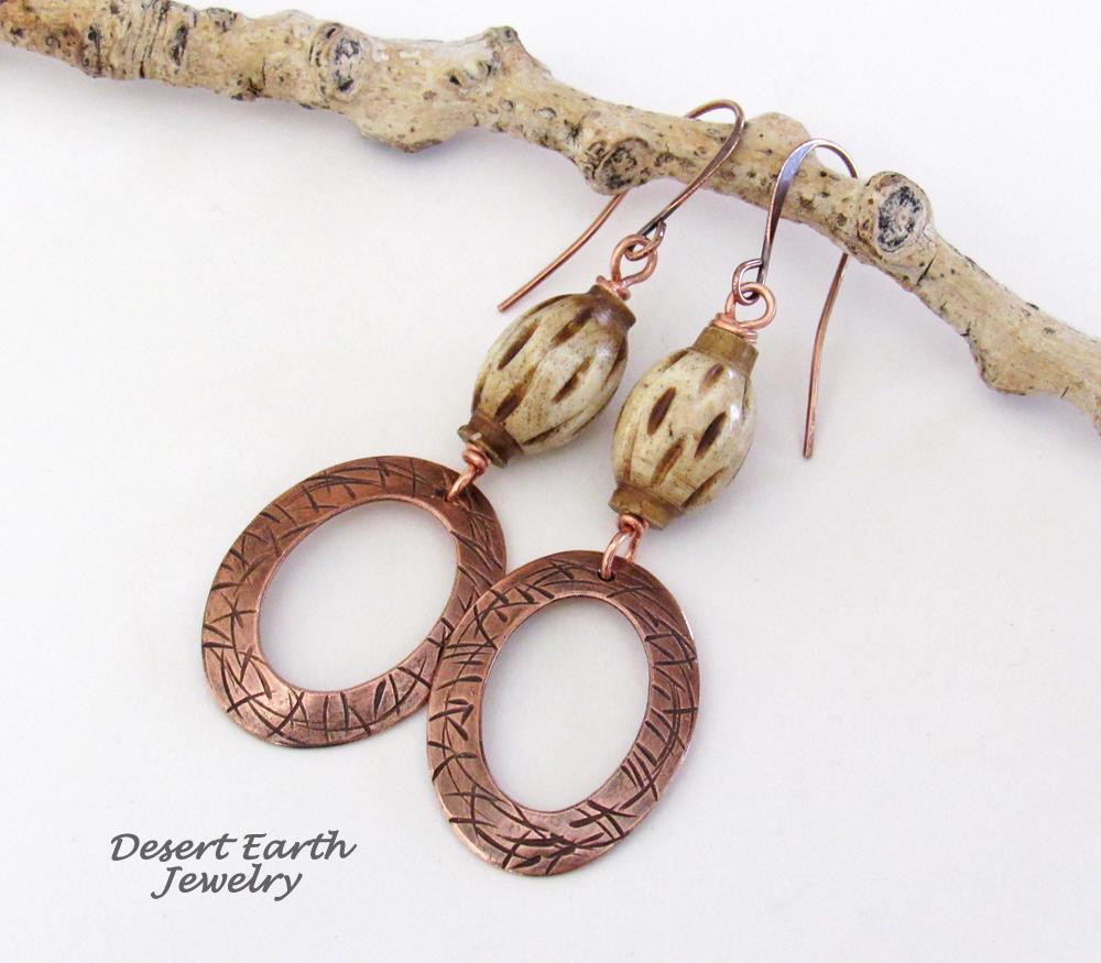 Boho Copper Dangle Earrings wtih African Carved Bone Beads - Bohemian Ethnic Tribal Style Jewelry