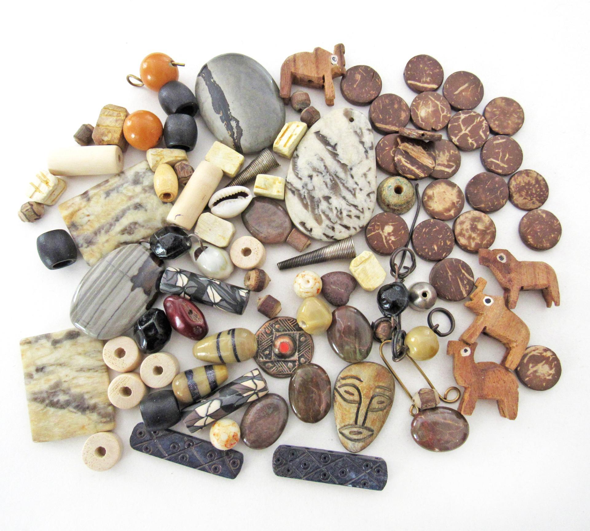 Boho Tribal Bead Lot for Jewelry Making - Feldspar, Jasper Stones, Animal & Wood Beads - Earthy Bohemian Destash Jewelry Craft Supply