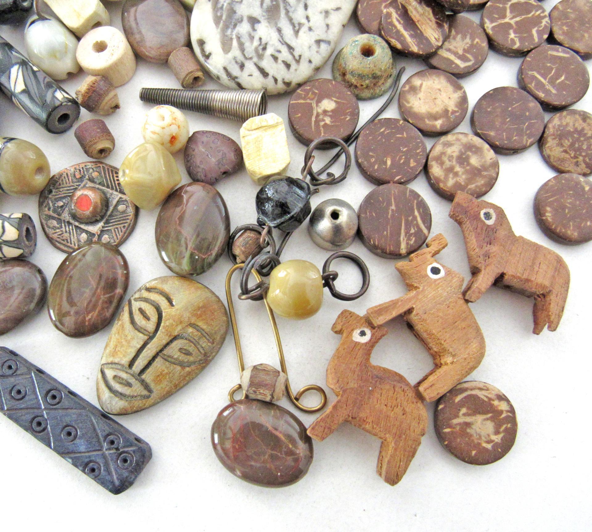 Boho Tribal Bead Lot for Jewelry Making - Feldspar, Jasper Stones, Animal & Wood Beads - Earthy Bohemian Destash Jewelry Craft Supply