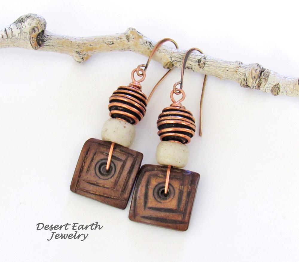 Boho Beaded Dangle Earrings with Brown Wood, Copper and African Glass Beads 