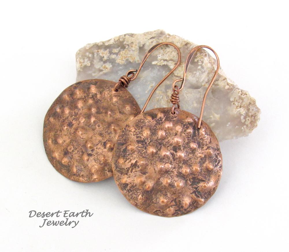 These handmade copper earrings have a rustic, hammered bumpy texture with a rustic organic, natural looking style. Perfect fo