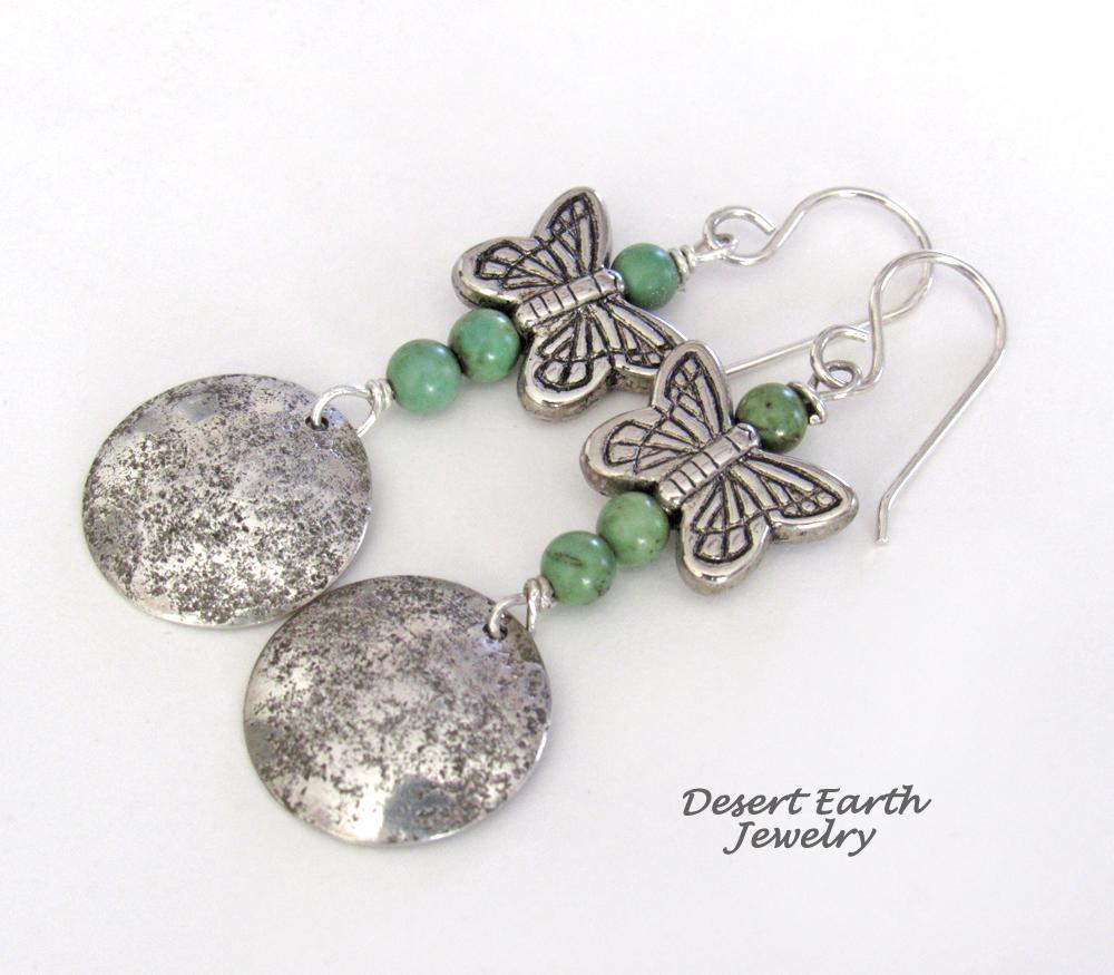 Sterling Silver & Turquoise Earrings with Butterfly Charms - Earthy Nature Gifts for Women & Teen Girls