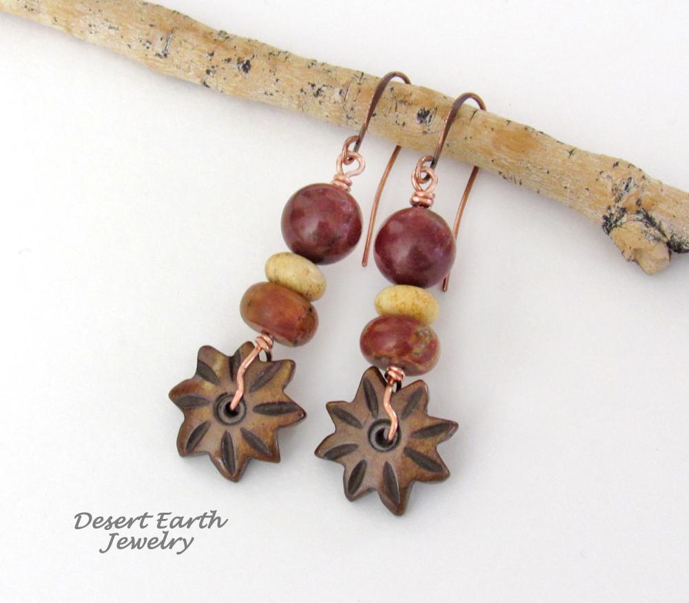 Brown Carved Wood Flower Earrings with Jasper & Fossilized Coral Beads - Earthy Natural Stone Jewelry 