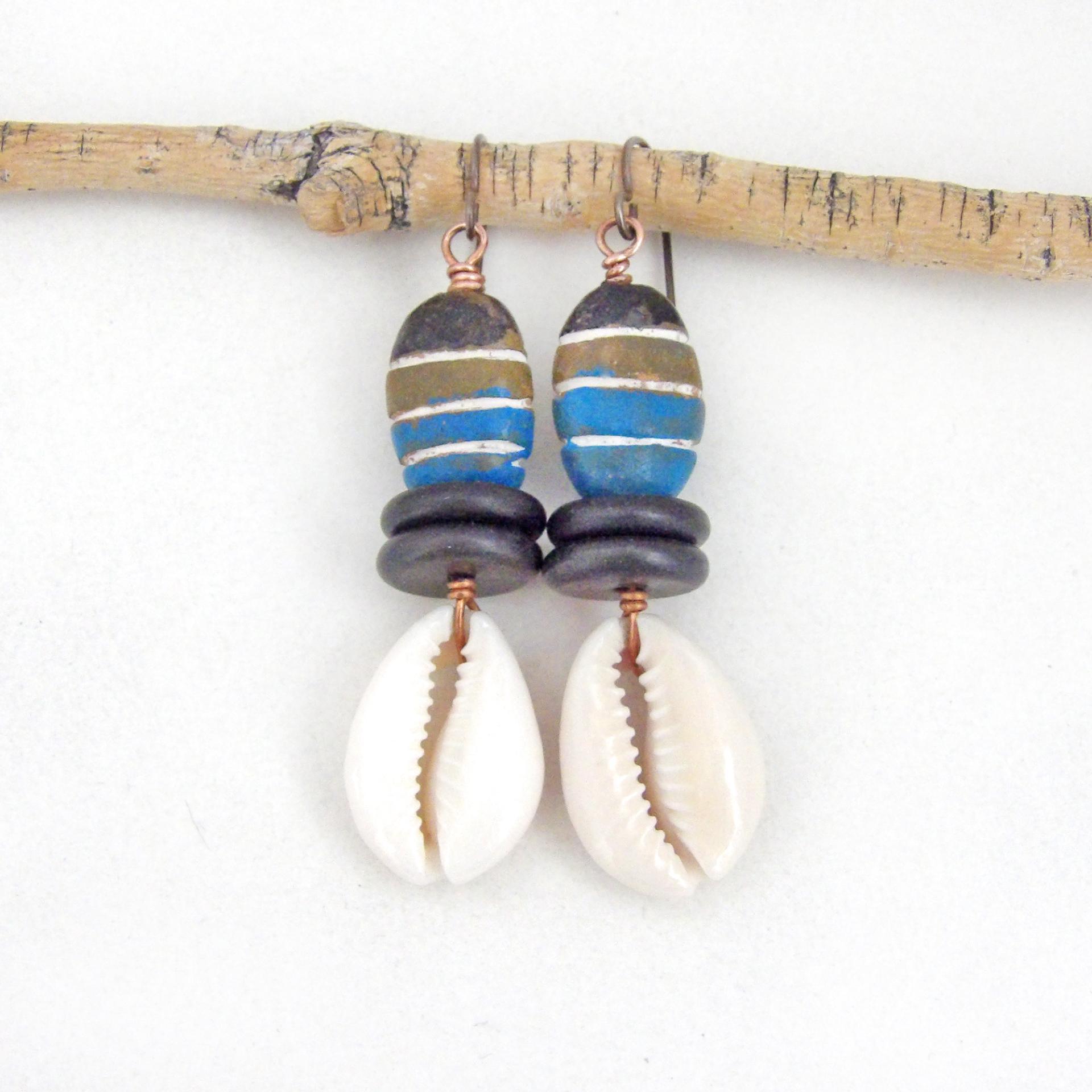 Cowrie Shell Earrings with Colorful Brown Blue Painted Wood Beads and Black Jasper Stones - Boho Tribal African Style Jewelry