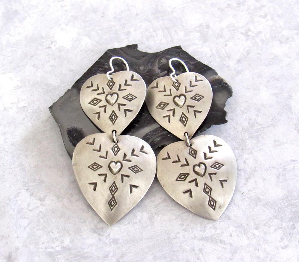 SALE: Large Sterling Silver Heart Shaped Concho Earrings - Vintage Southwestern Jewelry