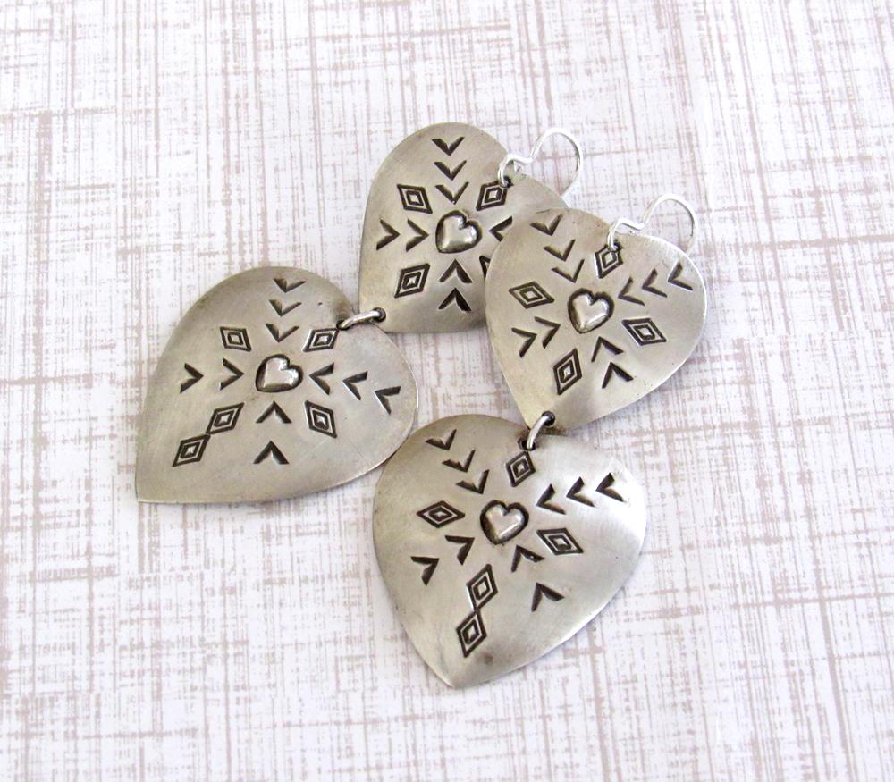 SALE: Large Sterling Silver Heart Shaped Concho Earrings - Vintage Southwestern Jewelry