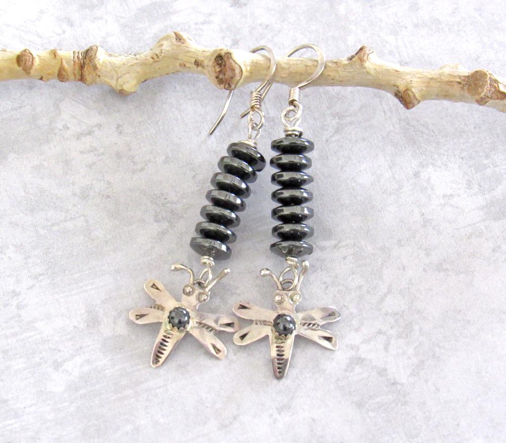 Sterling Silver Dragonfly Earrings with Gray Hematite Gemstones - Boho Whimiscal Nature Jewelry Gifts for Women or Girls