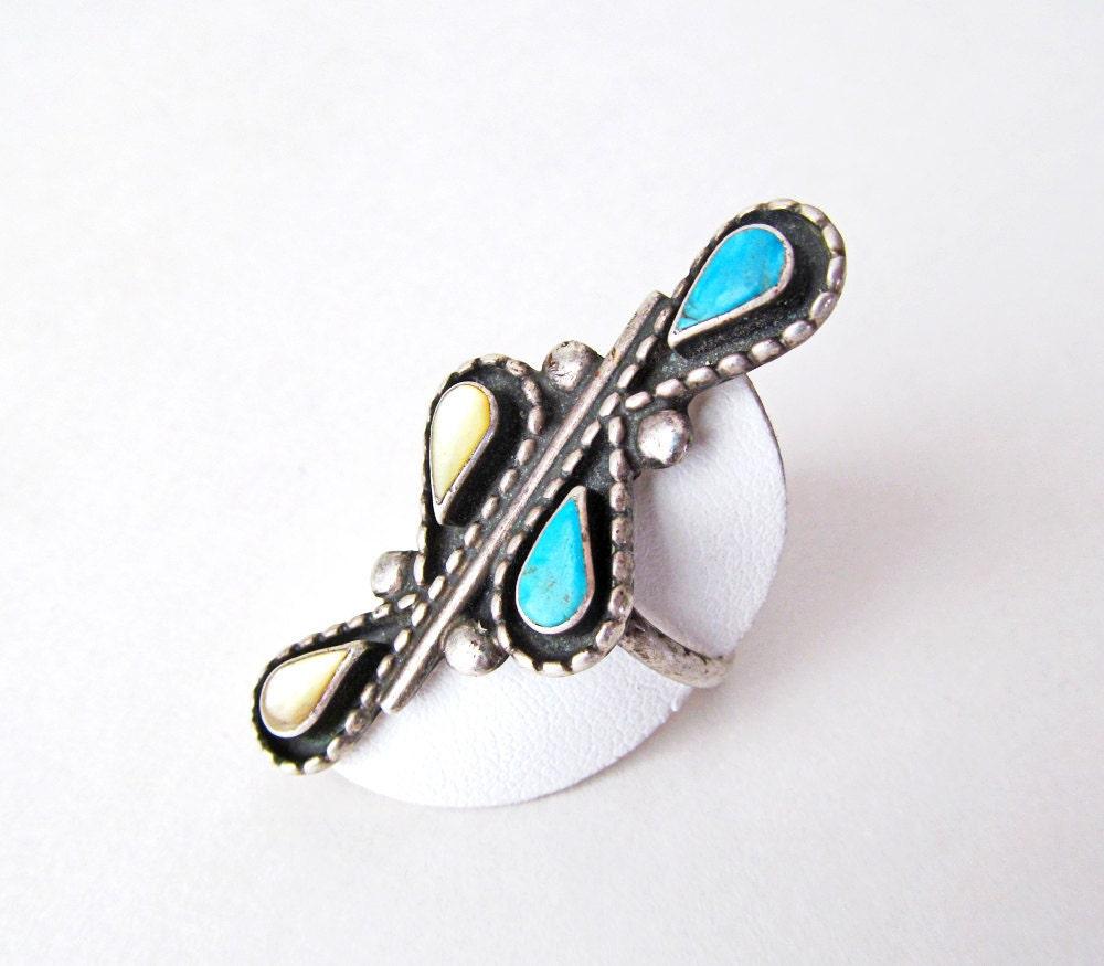 Big Bold Sterling Silver Ring with Turquoise and Mother of Pearl - Vintage Native Style Southwestern Jewelry