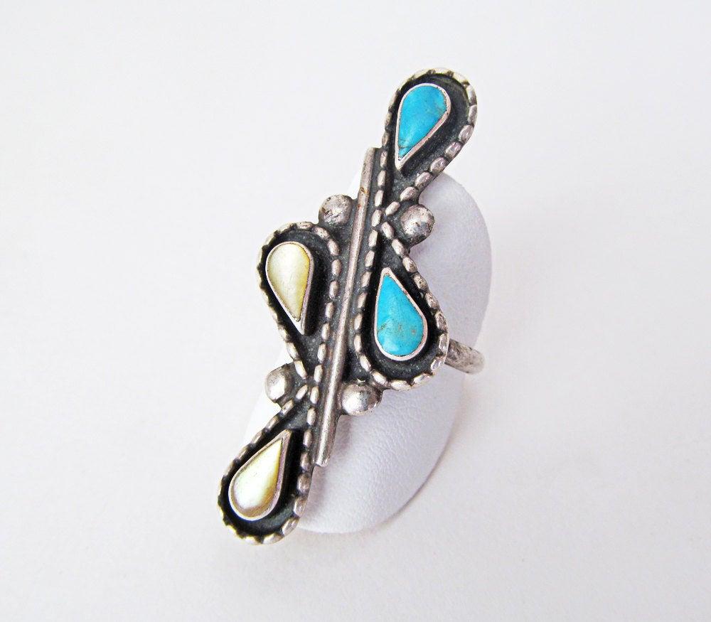 Big Bold Sterling Silver Ring with Turquoise and Mother of Pearl - Vintage Native Style Southwestern Jewelry