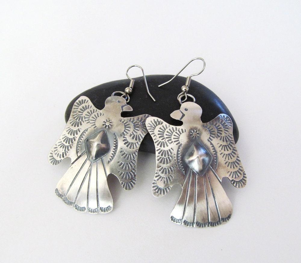 Large Sterling Silver Thunderbird Earrings with Repousee & Stamped Texture  - Southwestern Native American Tim Yazzie Jewelry