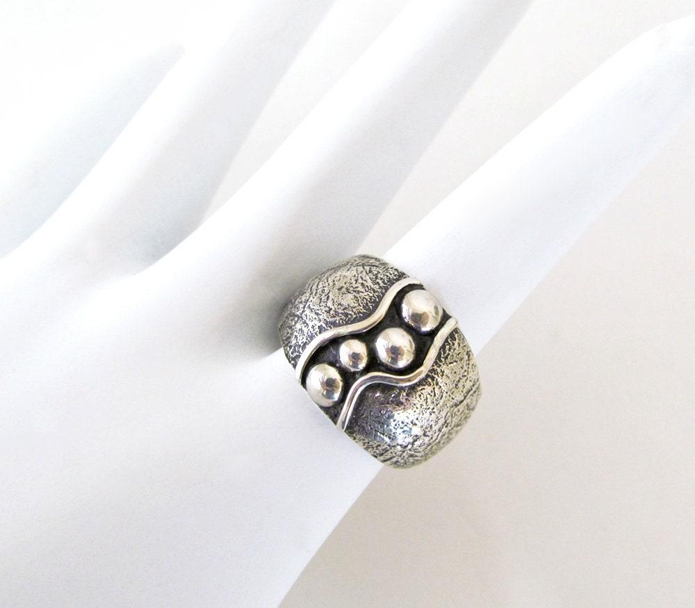 Hammered Textured Sterling Silver Band Ring - Earthy Organic Modernist Silver Jewelry